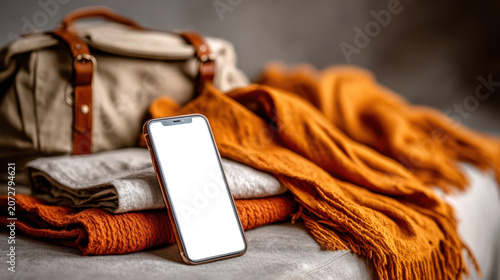 Smartphone with blank screen leaning on packed bag and scarves for travel booking and online ticketing mockup background