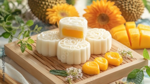 Snow Skin Mooncakes with Tropical Fruit Filling on Wood Platter