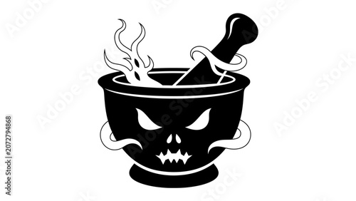 Fotografija Spooky Potion Bowl: A sinister mortar and pestle, adorned with a carved skull face and emitting eerie tendrils of smoke, suggests a brew of dark magic or a hazardous concoction