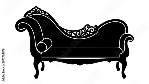 Fotografia Elegant Chaise Lounge Silhouette: A classic black silhouette of an ornate chaise lounge, showcasing its sophisticated curves and decorative details