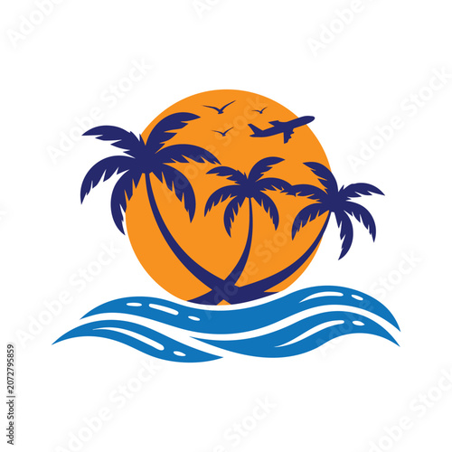 PrintTropical Beach Travel Logo with Palm Trees Ocean Waves Airplane and Golden Sunset Vector Design