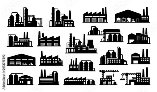 Factory Silhouette Vector Set with Industrial Plant Logo Symbols