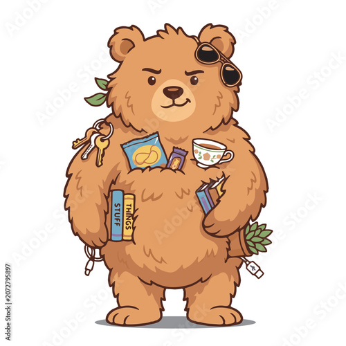 Cute Cartoon Bear Carrying Various Items