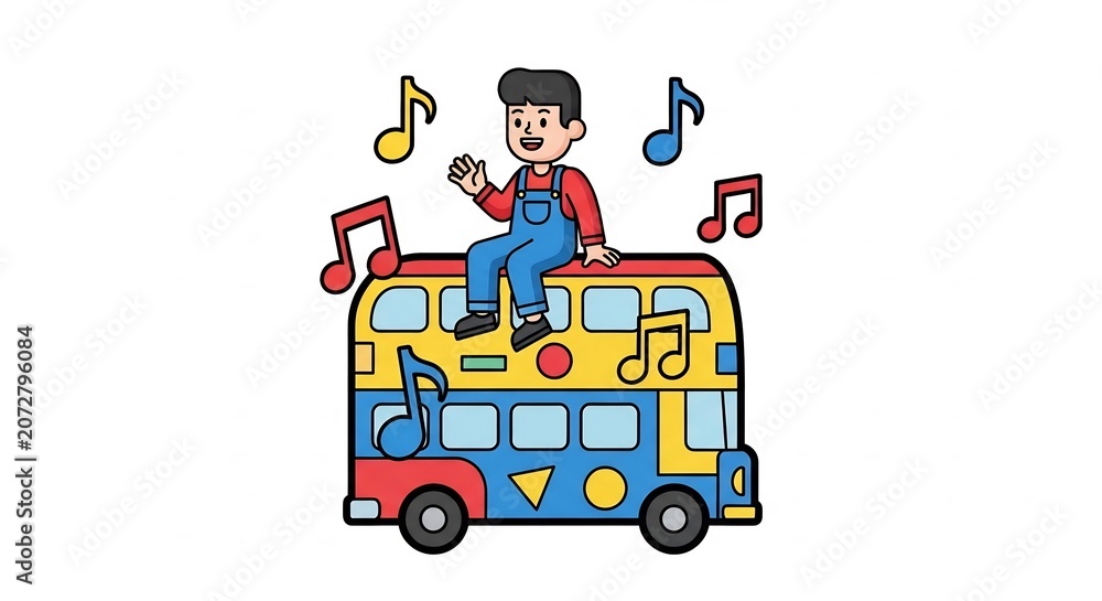 Fototapeta premium Cartoon boy sitting on colorful bus with music notes