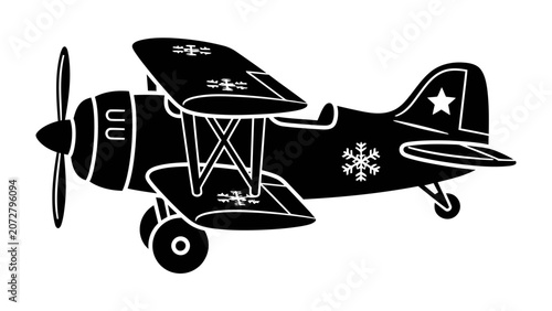 Fotografie Biplane Silhouette: A classic biplane is rendered in a striking black silhouette, showcasing its vintage design with two sets of wings and a rotating propeller