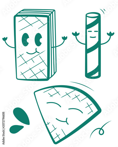 Cute Kawaii Wafer Characters Vector Set  Pastel Colored Flat Style Sweet Snack Illustration, Hand Drawn Cartoon Wafer Biscuit, Wafer Roll, Chocolate Wafer, and Crispy Treat Collection