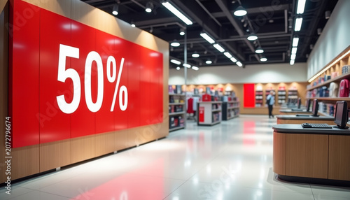 Large 50% sale sign in modern retail store interior for banner background and advertisement of discount promotions