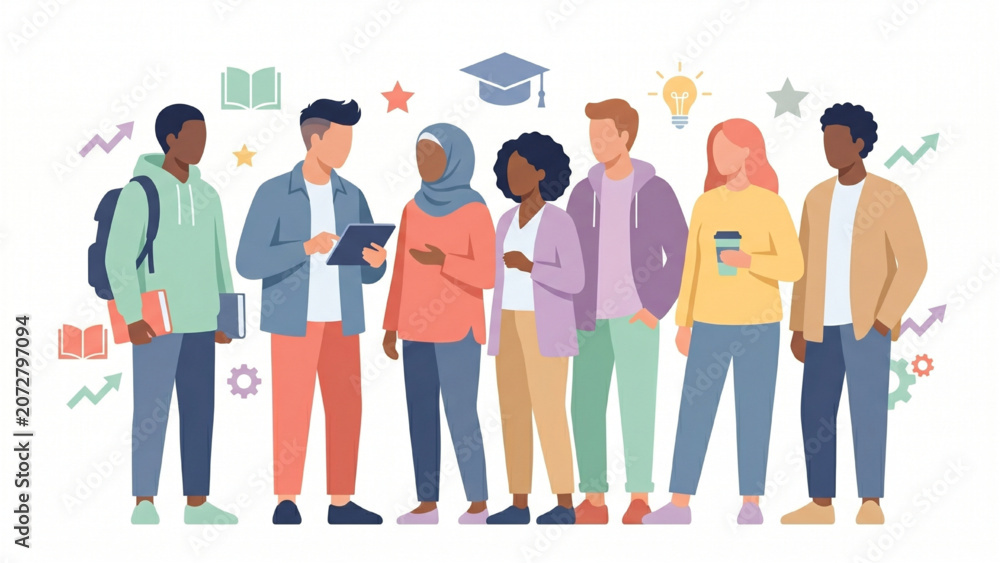 Fototapeta premium Multicultural College Student Community Featuring Young Adults Standing Together, Education and Academic Success Concept Modern Flat Vector Illustration