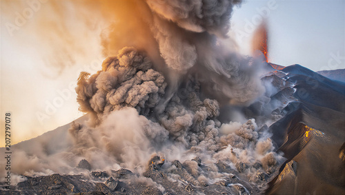Volcanic eruption with large smoke and ash cloud rising from mountain summit transparent background