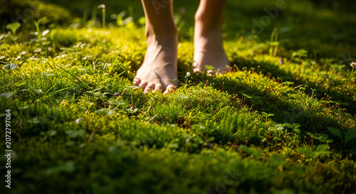 Barefoot on nature walk in green mossy forest
