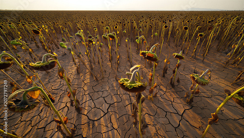 Withered sunflowers in a vast dry cracked earth field landscape withered sunflowers transparent background