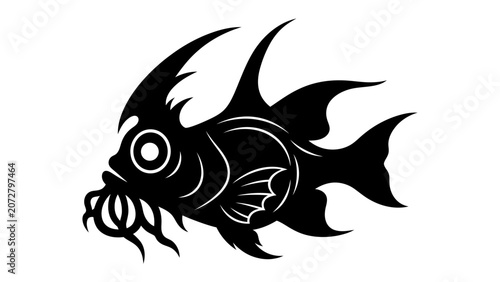 Εκτύπωση καμβά Monstrous Anglerfish Silhouette: A menacing deep-sea anglerfish rendered in stark black silhouette, featuring prominent spines, a gaping maw, and bioluminescent lure, creating a darkly captivating
