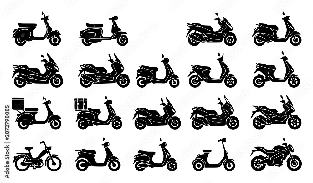 Obraz premium Scooter silhouette icon set with black motorcycle and urban vehicle symbols isolated vector collection for transport branding design