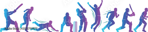 Fotografie Vector sports illustration featuring a panoramic lineup of cricket player silhou