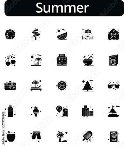 Summer Vacation and Beach Holiday Solid Glyph Icons Set with Passport Camera Lifebuoy Cocktail Ice Cream and Hotel Vector Illustration