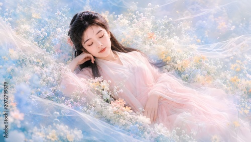 Generative AI peaceful Asian woman in traditional delicate dress sleeping among fresh spring wildflowers and sheer fabric