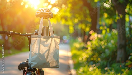 Bicycle with shopping bags and fashion handbags in a sunny park garden, summer retail lifestyle, stylish accessories and holiday outdoor scene