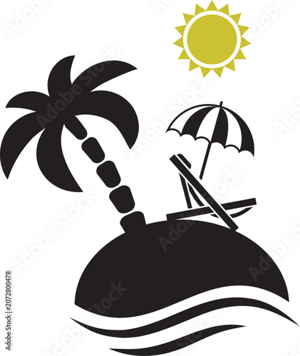 Tropical Island Silhouette Icon with Palm Tree Sun Lounger Beach Umbrella Yellow Sun and Ocean Waves Vector Illustration