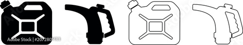 Foto Set of black and white jerrycan icons for fuel and liquid storage