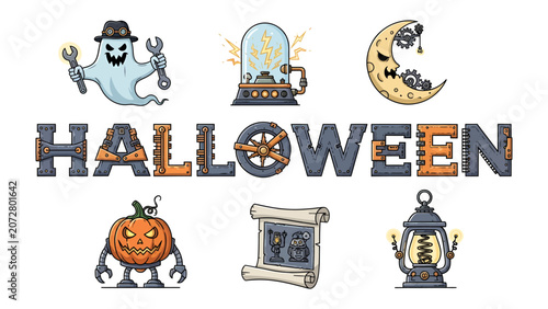 Fényképezés Steampunk Halloween Elements: A whimsical collection of steampunk-inspired Halloween graphics, featuring a mechanical ghost, a laboratory apparatus, a gear-laden moon, a robot pumpkin