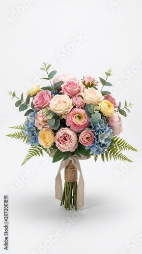 Elegant Spring Flower Bouquet with Pink Roses Ranunculus and Greenery Tied with Ribbon on White Background