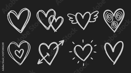 Canvastavla Hand-drawn heart shapes with various doodle styles on a dark background in white