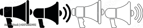 Fotografie Set of megaphone icons in solid fill and outline styles with sound waves