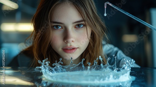 Young woman scientist creating spectacular milk droplet crown with glass dropper in professional laboratory setting showing focused expression