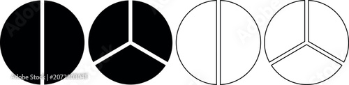Photos Set of divided circles, solid and outline, showing two and three segments