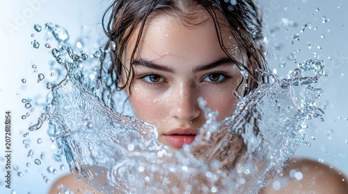 Crown water splash framing young woman face looking directly at camera with wet brown hair and dynamic liquid formations creating dramatic patterns foreground