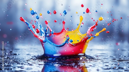 Crown liquid splash vibrant multicolor paint collision blue red yellow dynamic spikes artistic photography professional macro detail perfect timing creative stock