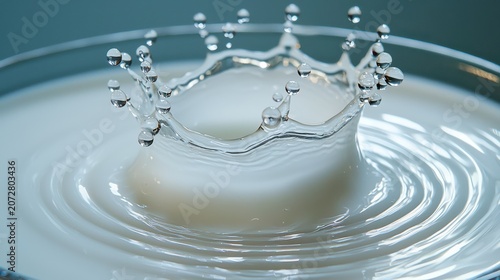 Milk droplet crown formation with clear liquid splash creating perfect circular ripples and suspended water droplets in high-speed photography