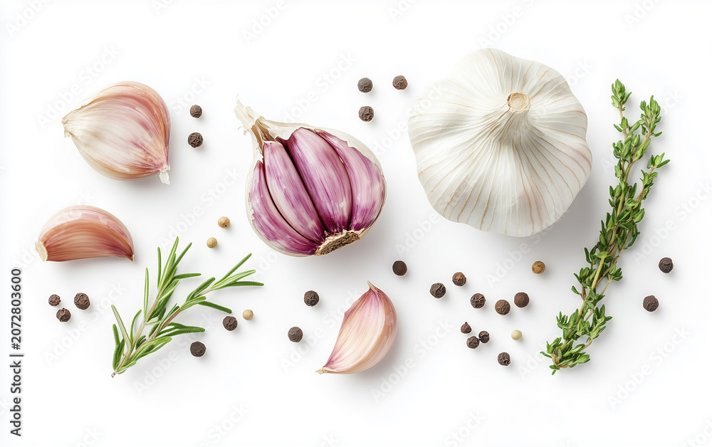Fototapeta premium garlic and herbs isolated on white background, top view
