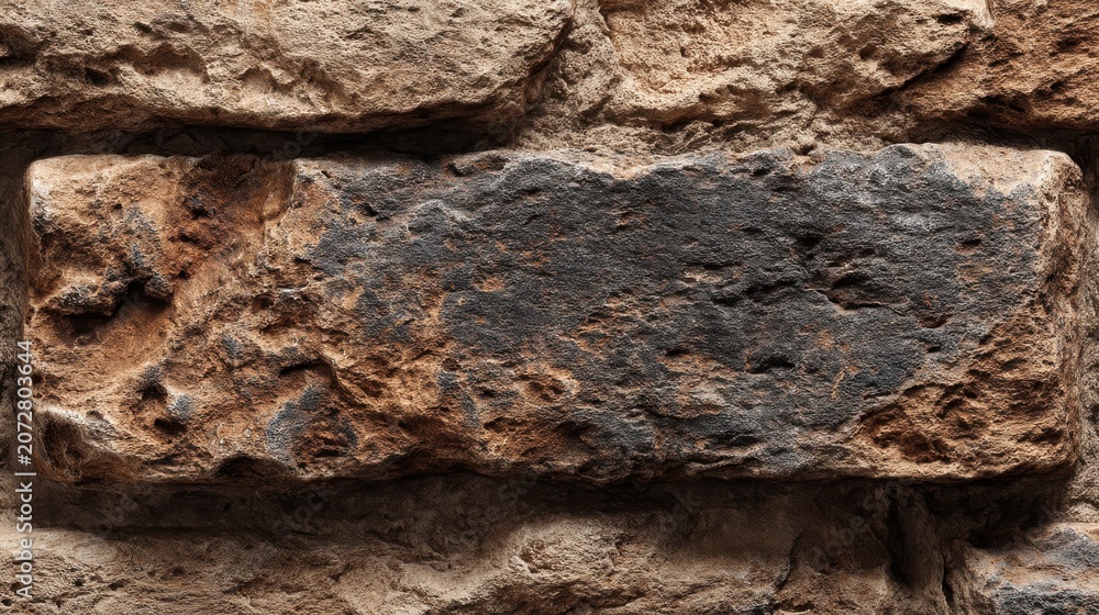 Fototapeta premium Aged limestone texture showing weathered brick surface with rust-colored mineral deposits, dark patina variations and authentic historical erosion patterns for architectural backgrounds