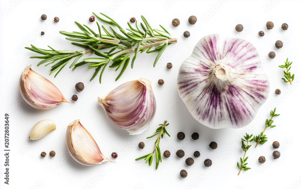 Fototapeta premium garlic and herbs isolated on white background, top view
