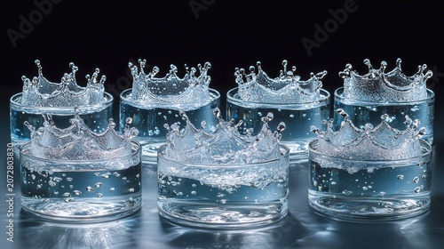 Water impact crown multiple simultaneous droplets creating overlapping formations in glass containers with artistic composition and pristine clarity photography