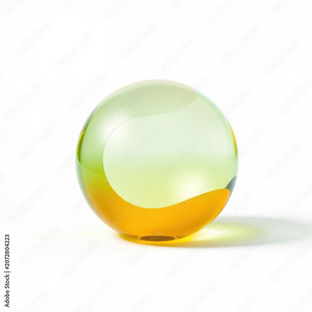 Fototapeta premium Glass sphere, yellow bottom, green top. Smooth surface reflects light, creating soft shadow. Minimalist studio shot.