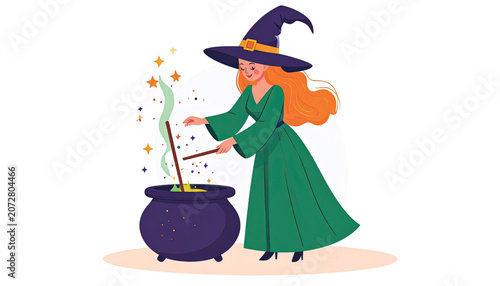 Witch stirring bubbling cauldron potion.