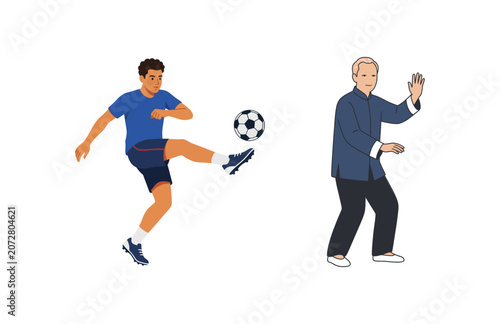 Athletic Young Man Playing Soccer and Elderly Person Practicing Tai Chi Exercises
