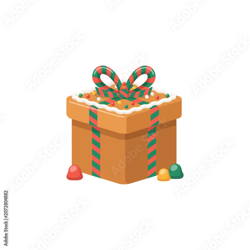 Festive gingerbread gift box decorated with colorful icing and candy accents for christmas holidays celebration isolated on white background