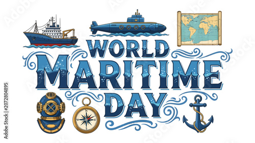 Tableau sur toile World Maritime Day Celebration: An artistic depiction of World Maritime Day featuring a ship, submarine, compass, anchor, diver's helmet, and a world map