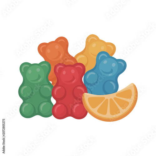 Colorful gummy bear candies with orange slice isolated on white background, sweet fruit flavored, treats confectionery food