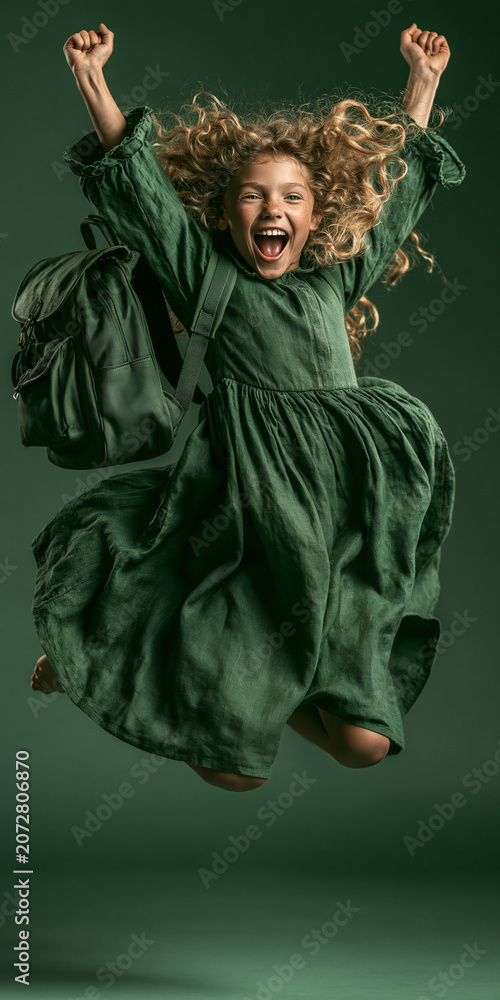 Obraz premium Photorealistic Editorial Image of a Joyful Young Girl Jumping Mid-Air Celebrating the End of School, Green Dress and Backpack, on Bright Green Studio Background with Copy Space. Generative Ai.