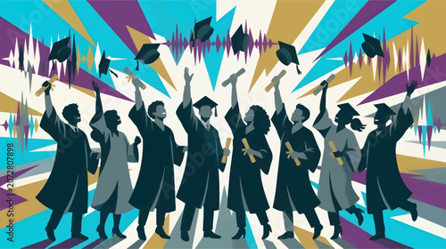 Canvastavla Diverse Graduating Students in Academic Regalia Throwing Caps and Holding Diplom