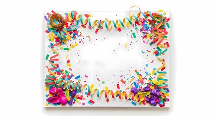 Rectangular frame of colorful paper curls and confetti