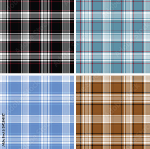 Set of four seamless plaid pattern backgrounds. Collection of traditional checkered tartan vector graphics in black, teal, light blue, and brown for seasonal textiles, fashion, and wrapping paper.