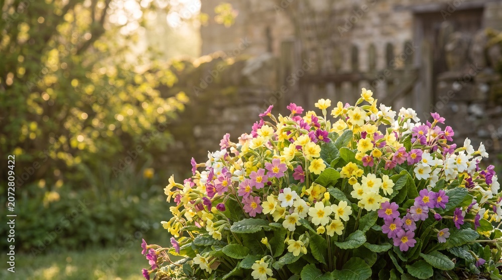 Obraz premium Blooming Primroses Flower Bush in Spring Garden with Vibrant Colors