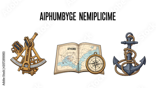 Obraz na plátně Nautical Exploration Set: A collection of vintage navigational tools including a sextant, compass, map, and anchor, symbolizing adventure and discovery on the high seas