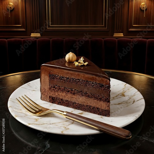 Elegant Layered Dark Chocolate Cake Slice on White Plate with Gold Fork in Luxury Restaurant Setting