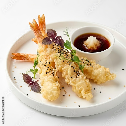 Crispy Japanese Shrimp Tempura with Dipping Sauce and Microgreens on White Plate for Restaurant Menu